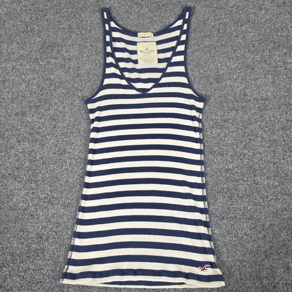 Y2K Hollister Women Large Navy Blue White Striped Ribbed V-Neck Tank Top Stretch